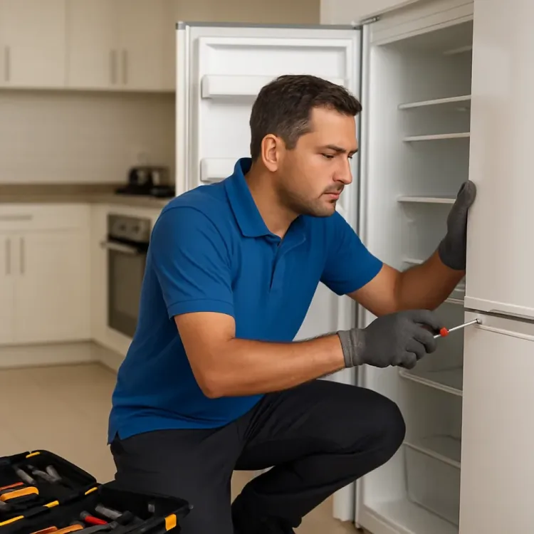 Técnico consertando uma geladeira na cozinha do cliente